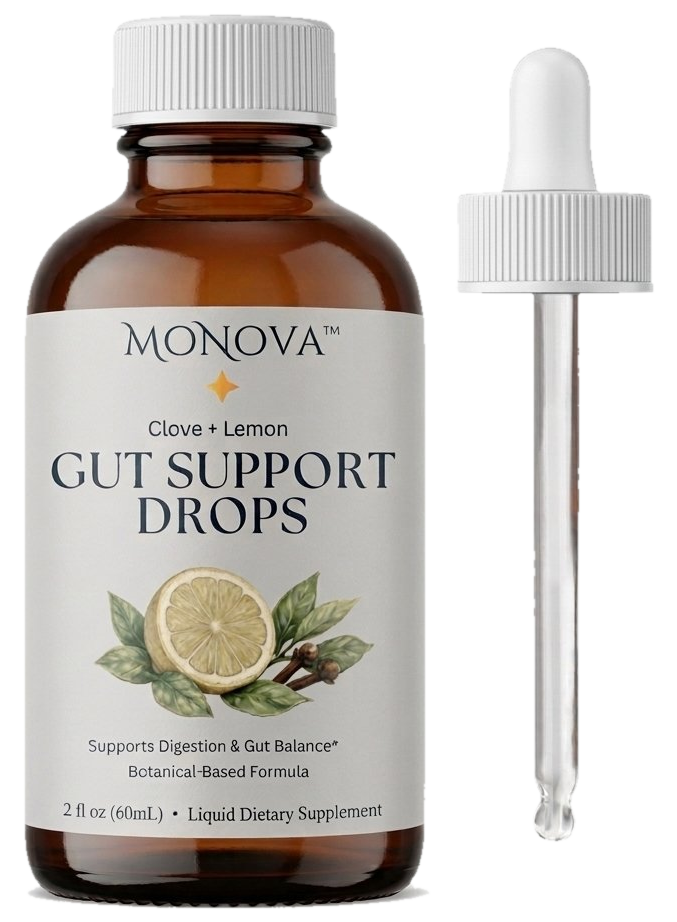 MoNova Clove + Lemon Gut Support Drops — 2 fl oz (60 mL) liquid dietary supplement dropper bottle